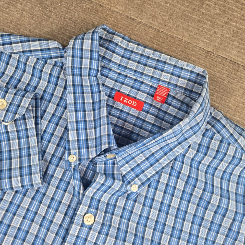 IZOD Mens 3XLT Blue Plaid Long Sleeve Button Down Shirt